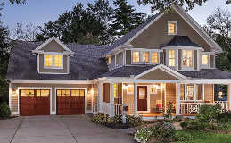 Arbor Grove Fiberglass Entry Door with Capella Glass and coordinating garage door - Reserve Wood