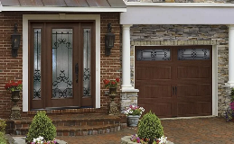 Arbor Grove Fiberglass Entry Door with Prescott Glass and coordinating garagy door - Gallery Steel